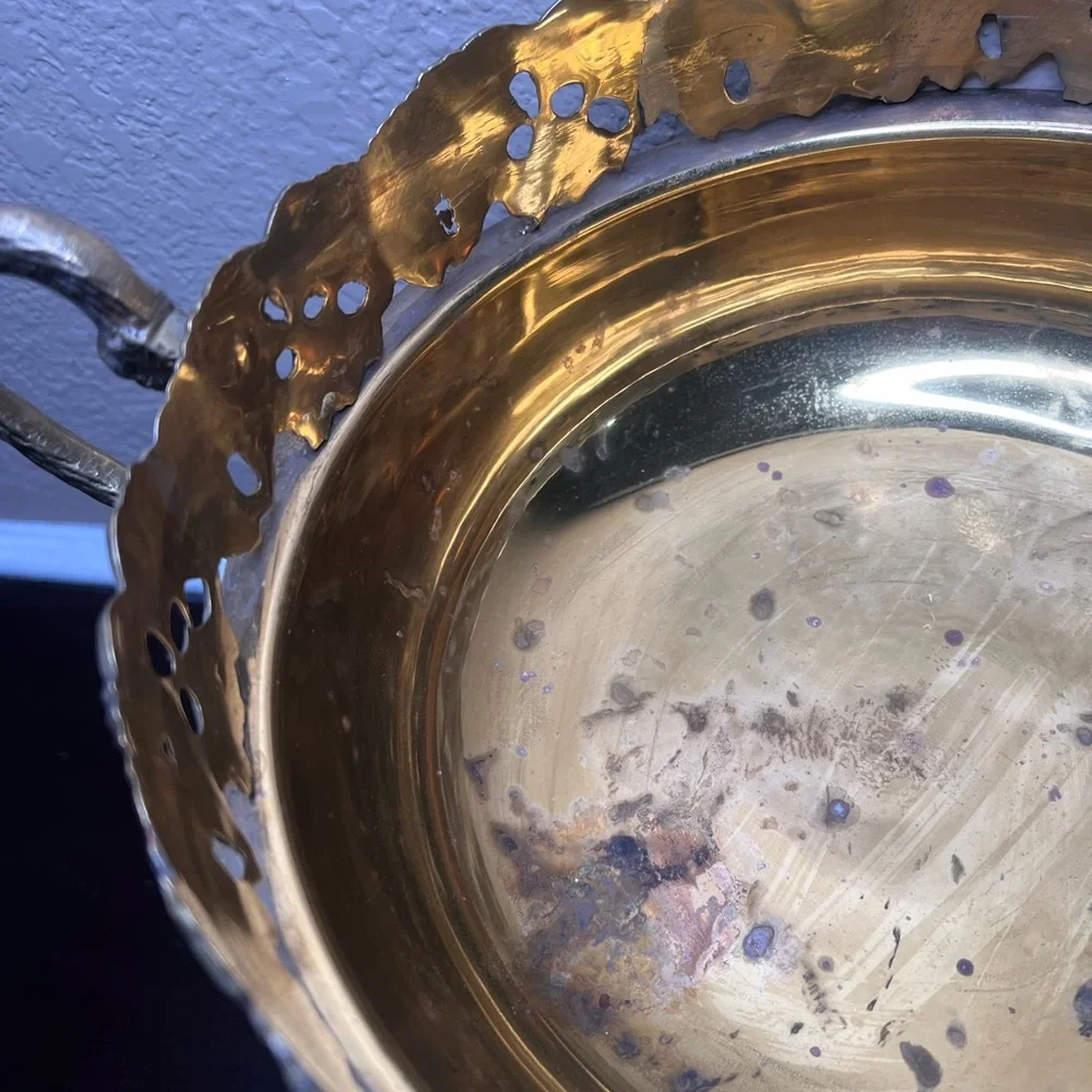 Mid-Century Brass Pedestal Urn Bowl – Pierced Rim, Vine Handles, Grape Cluster
